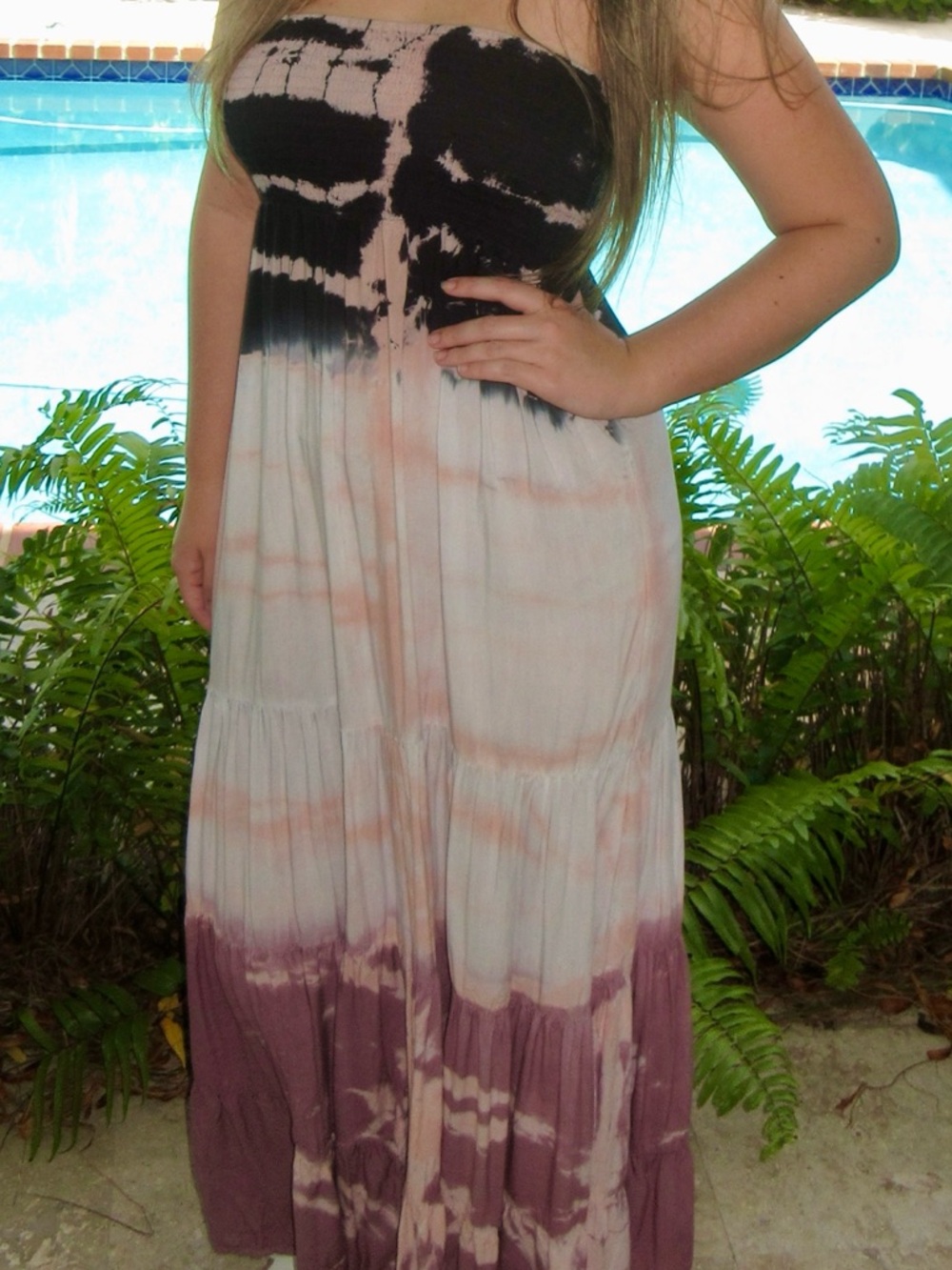Strapless Tie-Dye Maxi Dress in Black, Blush & Mauve